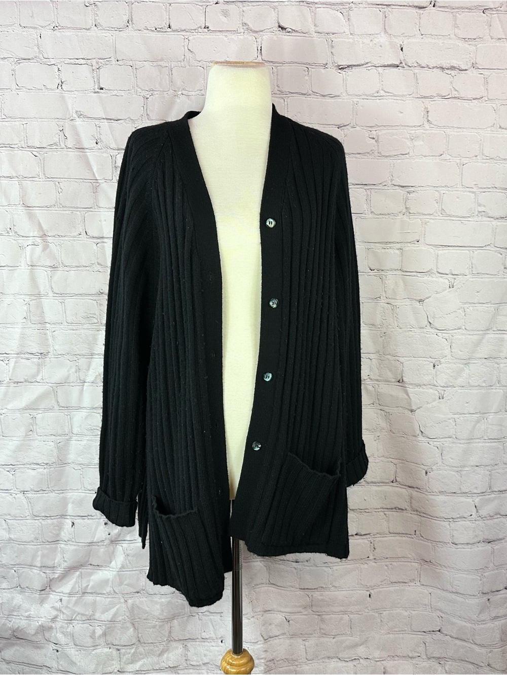 LOFT Black Ribbed Button-Front Cardigan sweater merino wool Pockets women L